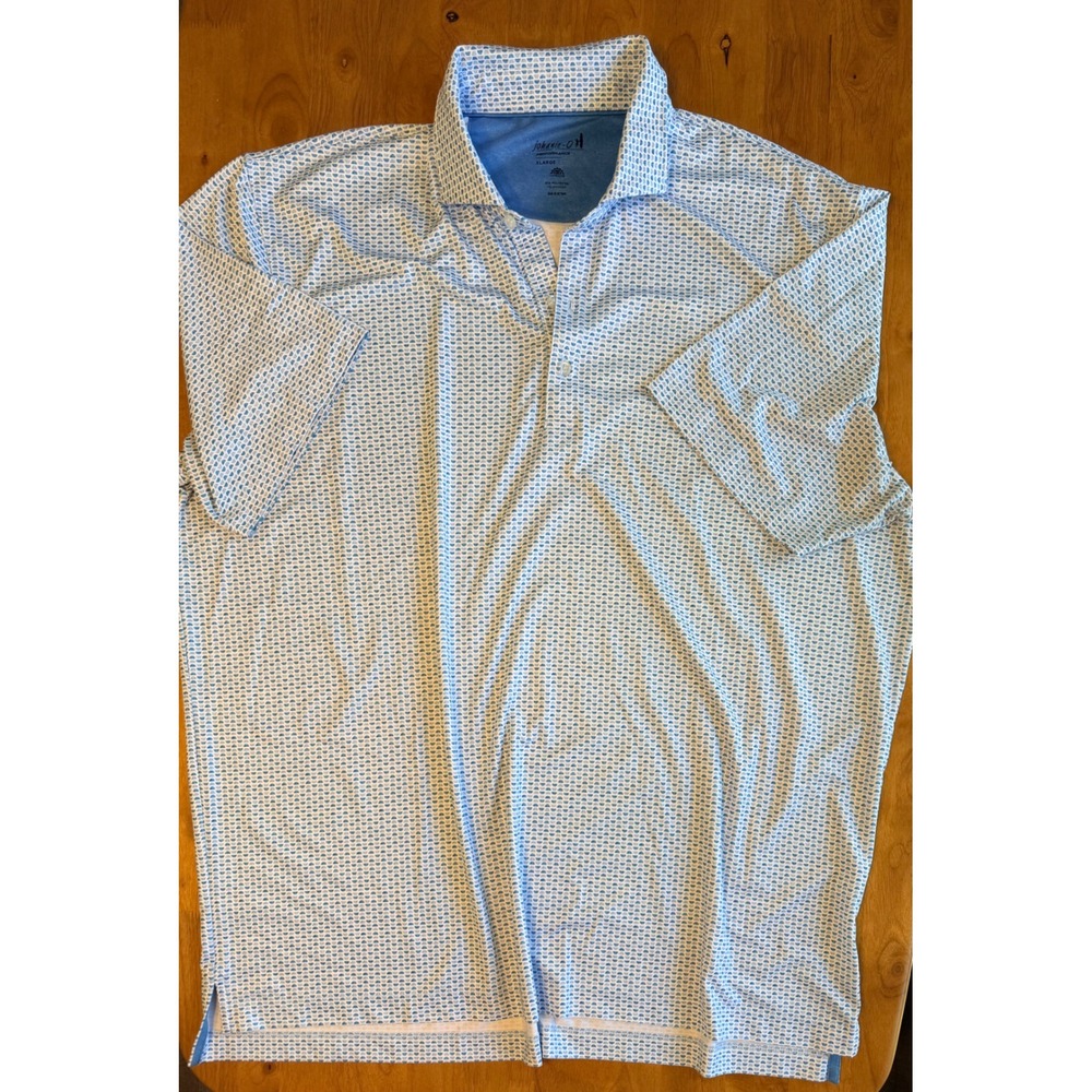 Johnnie-O Performance Polo Shirt Mens XL Blue White Geometric Print Golf UPF 50